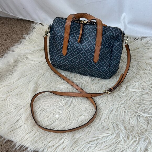 Fossil Satchel Bag Faux Leather Blue Diamond Print Crossbody and Handles - Picture 1 of 6